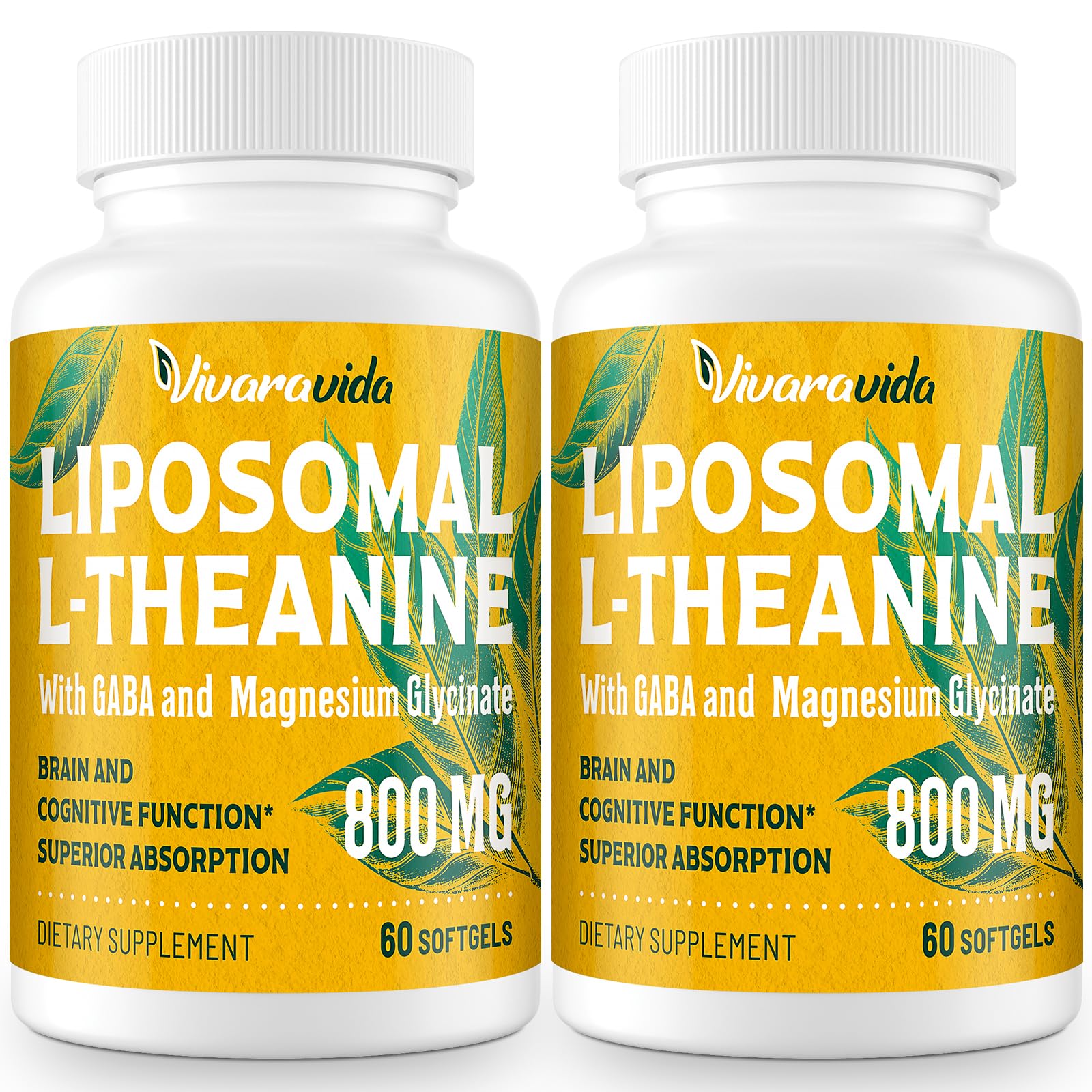 Vivaravida L-Theanine 800mg softgel bottle front for calm support and relaxation.