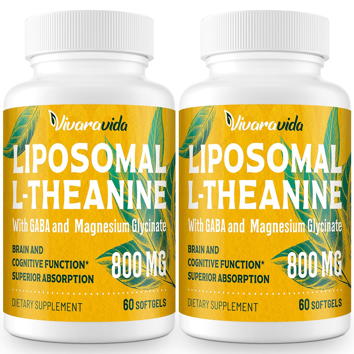 Vivaravida L-Theanine 800mg softgel bottle front for calm support and relaxation.