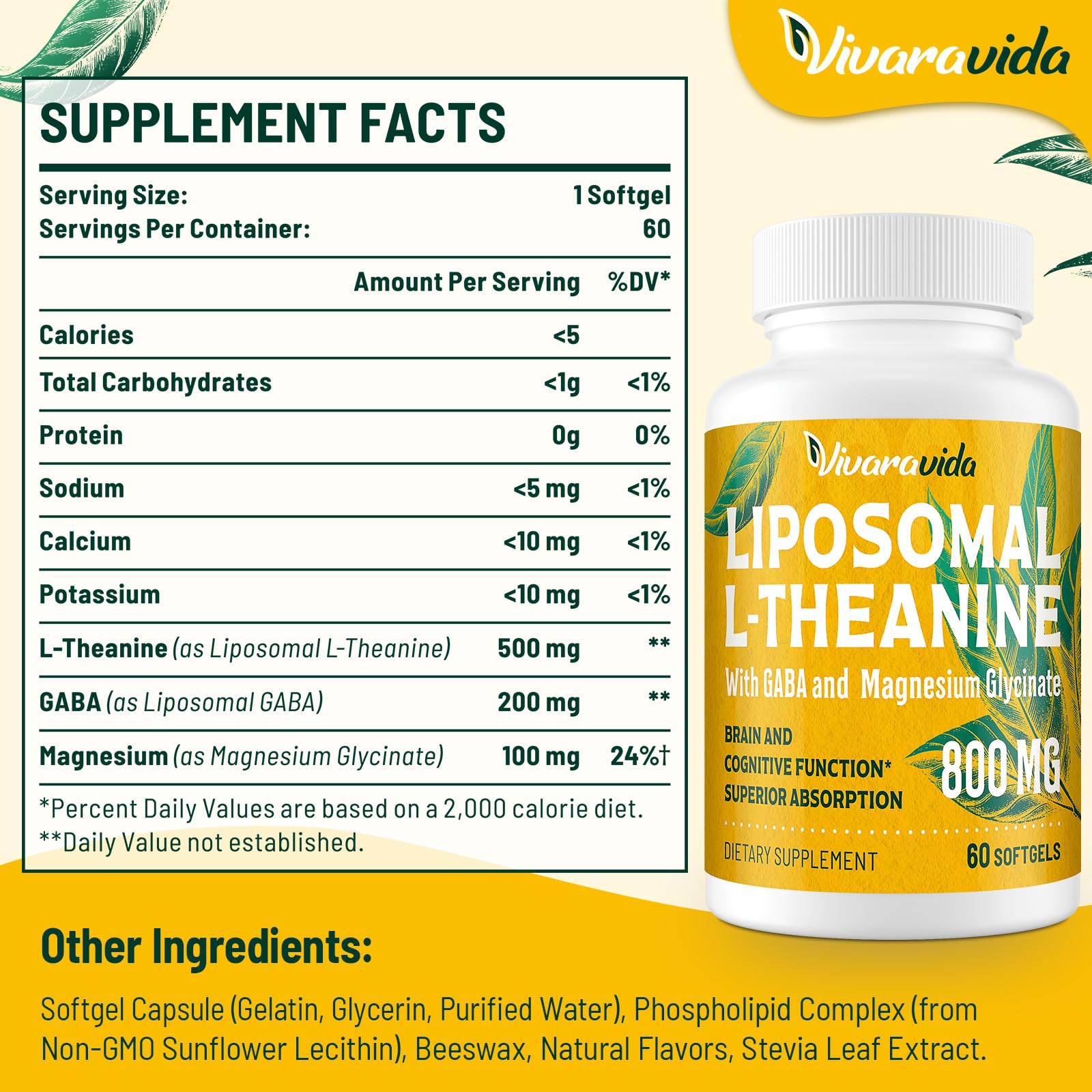 Close-up of Vivaravida L-Theanine 800mg softgels for easy daily use.