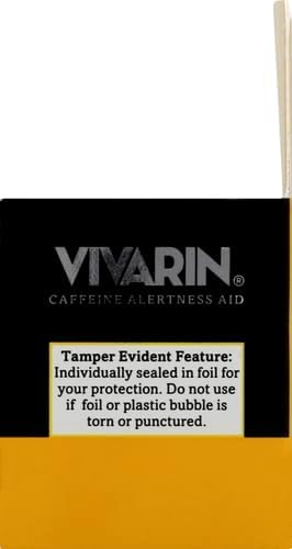 Vivarin bottle beside a glass signaling caffeine boost