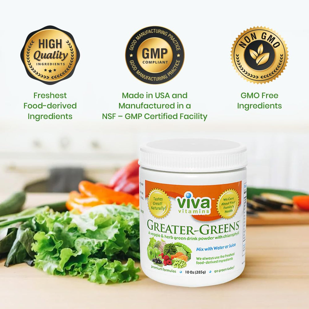 Morning kitchen setup with Viva Vitamins Greater Greens Detox for daily greens ritual
