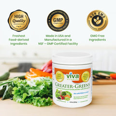 Morning kitchen setup with Viva Vitamins Greater Greens Detox for daily greens ritual