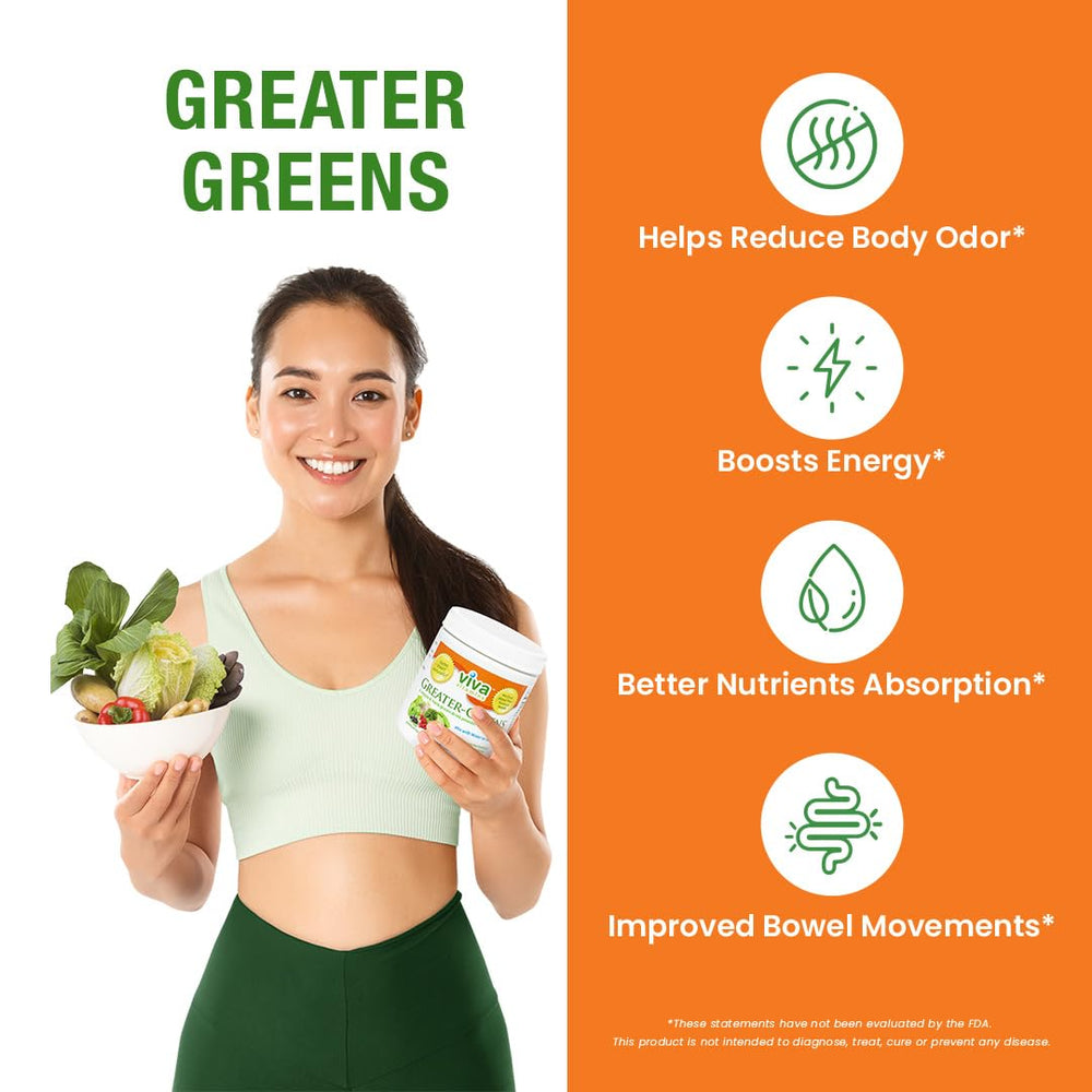 Viva Vitamins Greater Greens Detox jar beside a glass of green juice for a fresh daily boost
