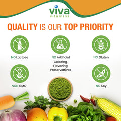 Viva Vitamins Greater Greens Detox powder being poured, signifying easy mixing