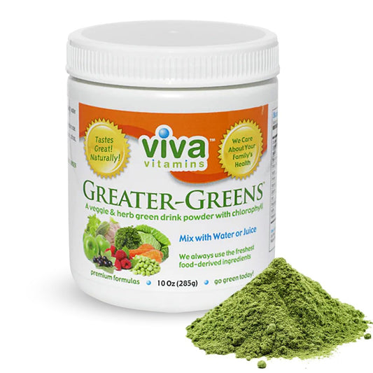 Viva Vitamins Greater Greens Detox tub front showing the greens blend and branding for daily wellness