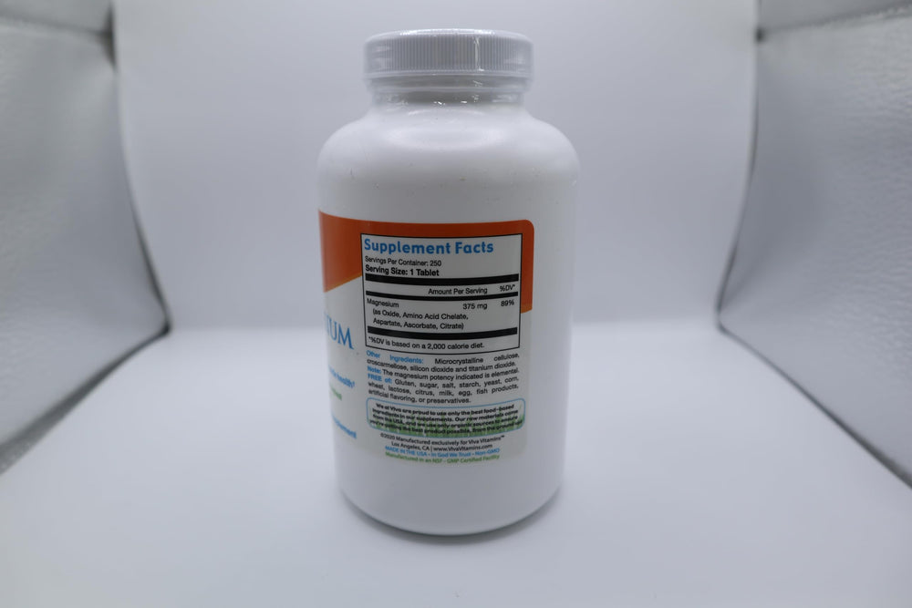 Viva Vitamins Super Magnesium bottle beside glass for everyday vitality