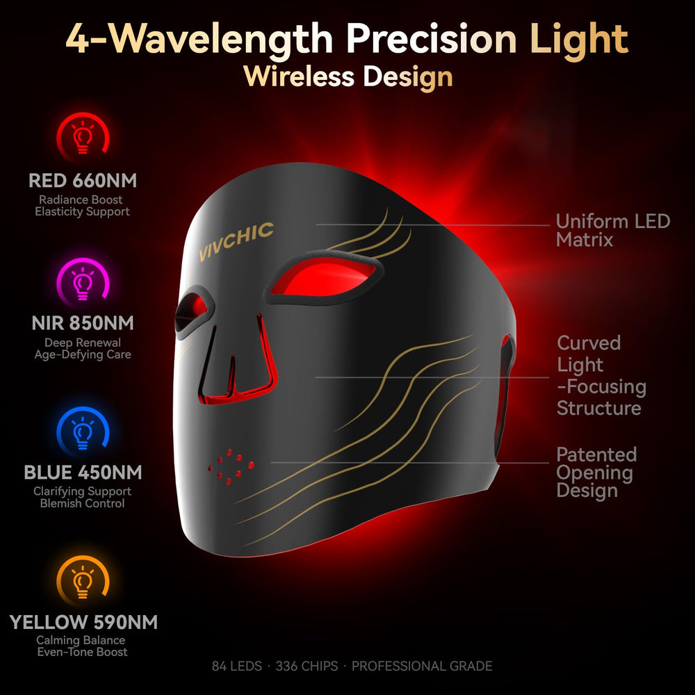 Vivchic red light mask side view highlighting portable, wireless design.