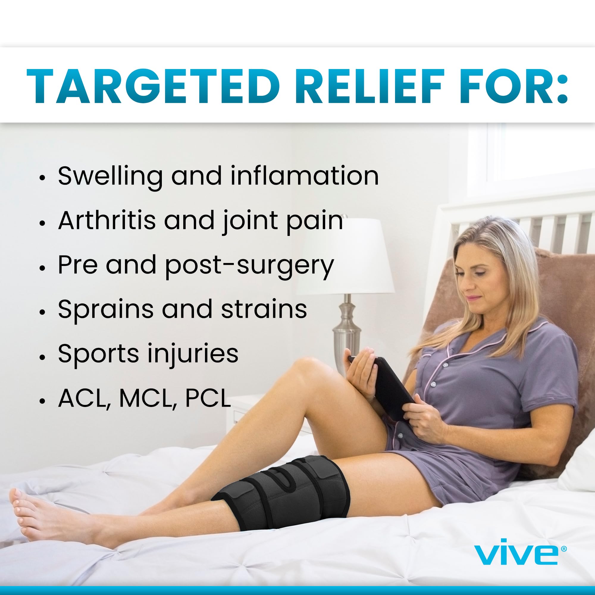 Vive Knee Ice Pack Wrap on knee demonstrating versatile left or right knee compatibility
