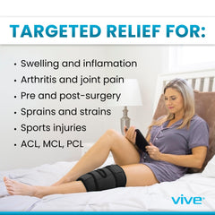Vive Knee Ice Pack Wrap on knee demonstrating versatile left or right knee compatibility