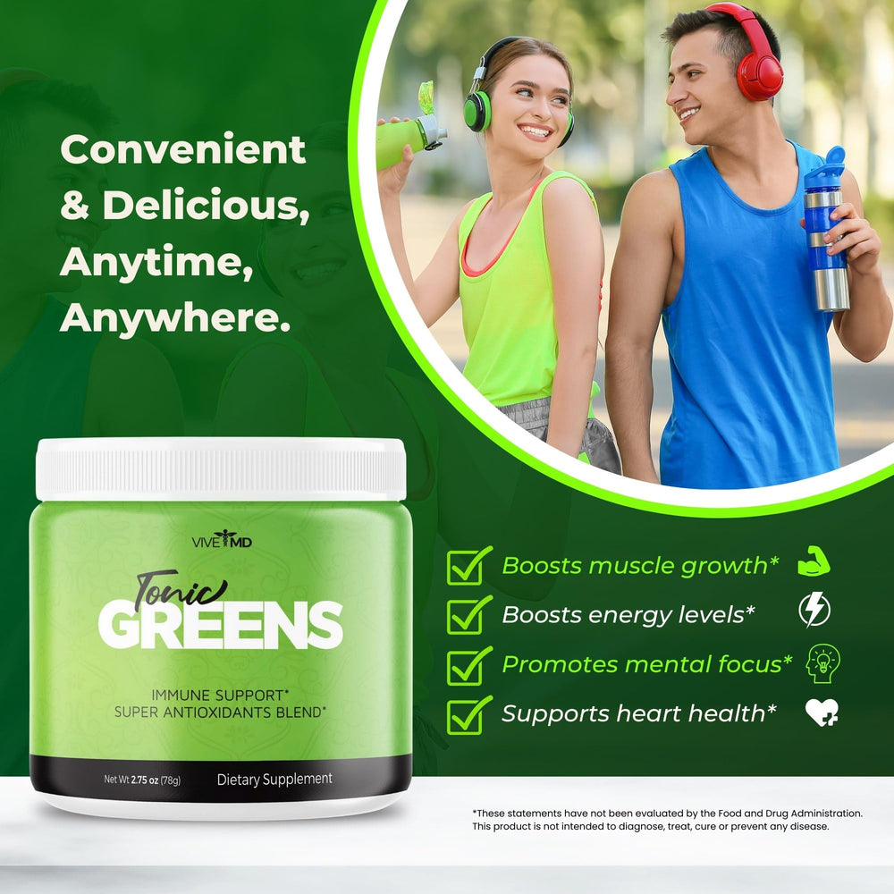 VIVE MD Tonic Greens ingredients chart emphasizing vitamin B6 and green blend benefits.