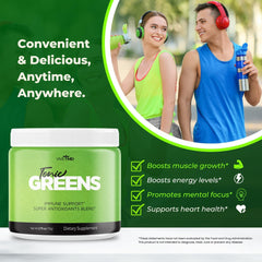 VIVE MD Tonic Greens ingredients chart emphasizing vitamin B6 and green blend benefits.