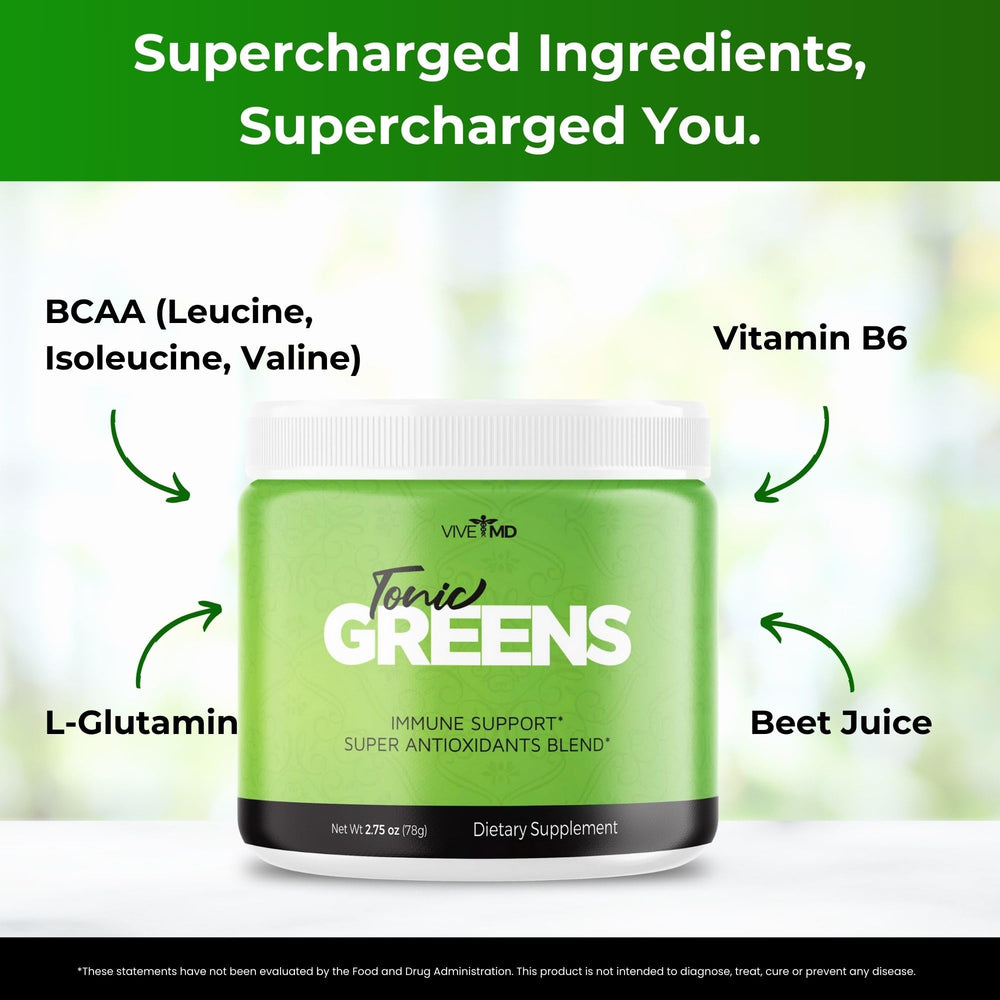VIVE MD Tonic Greens packaging highlights the natural green blend on label