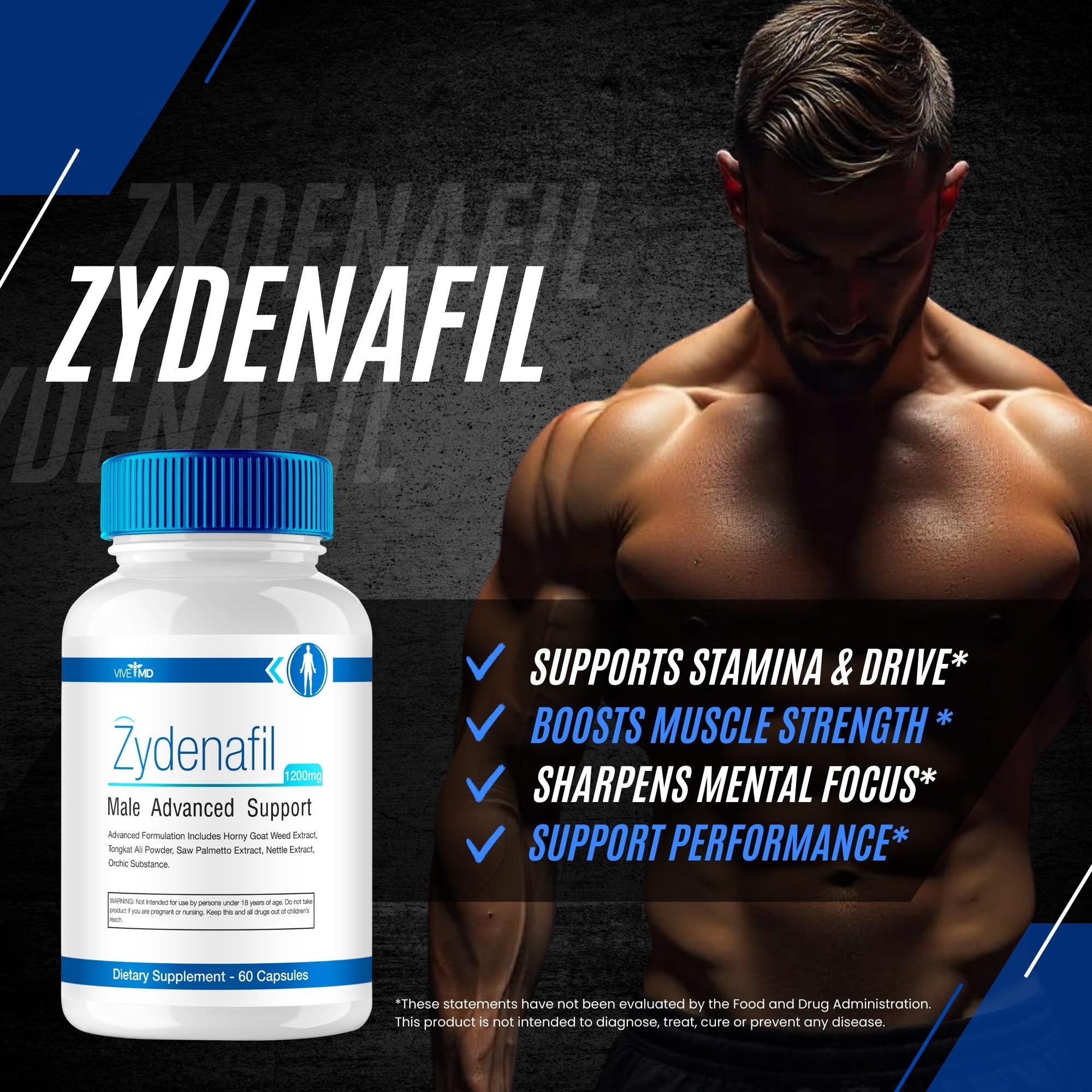 VIVE MD Zydenafil daily supplementation scene showing bottle with glass of water.