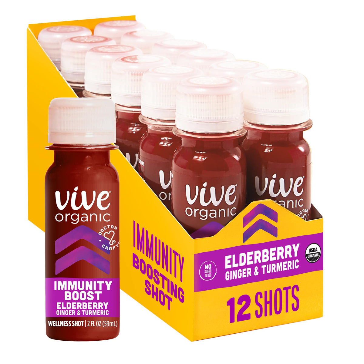Vive Organic Immune Shot elderberry bottle highlights fresh ingredients for daily wellness.