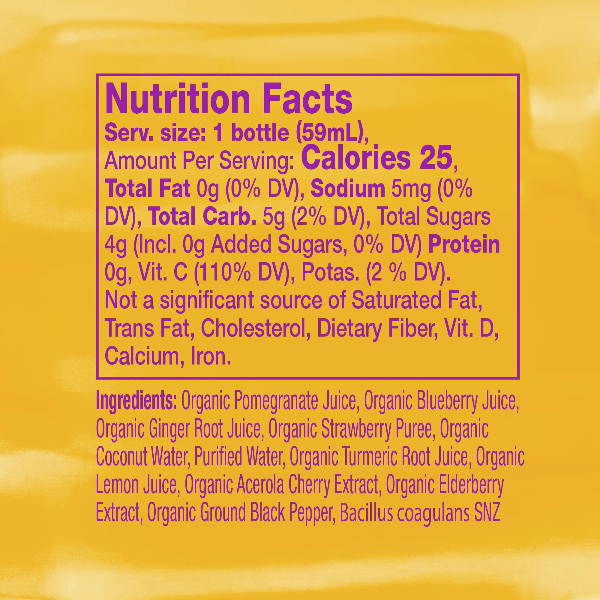 Vive Organic Immune Shot no-sugar label emphasizes a clean, natural formula.