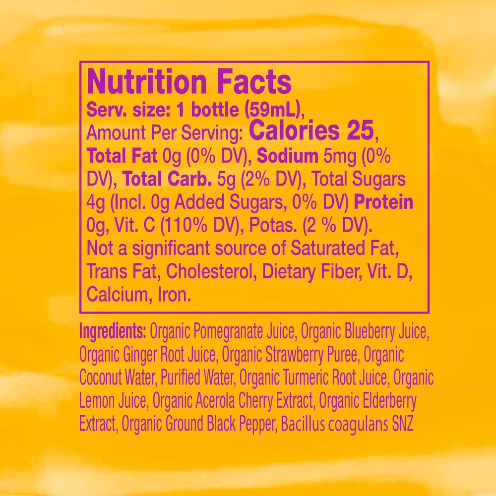 Vive Organic Immune Shot no-sugar label emphasizes a clean, natural formula.