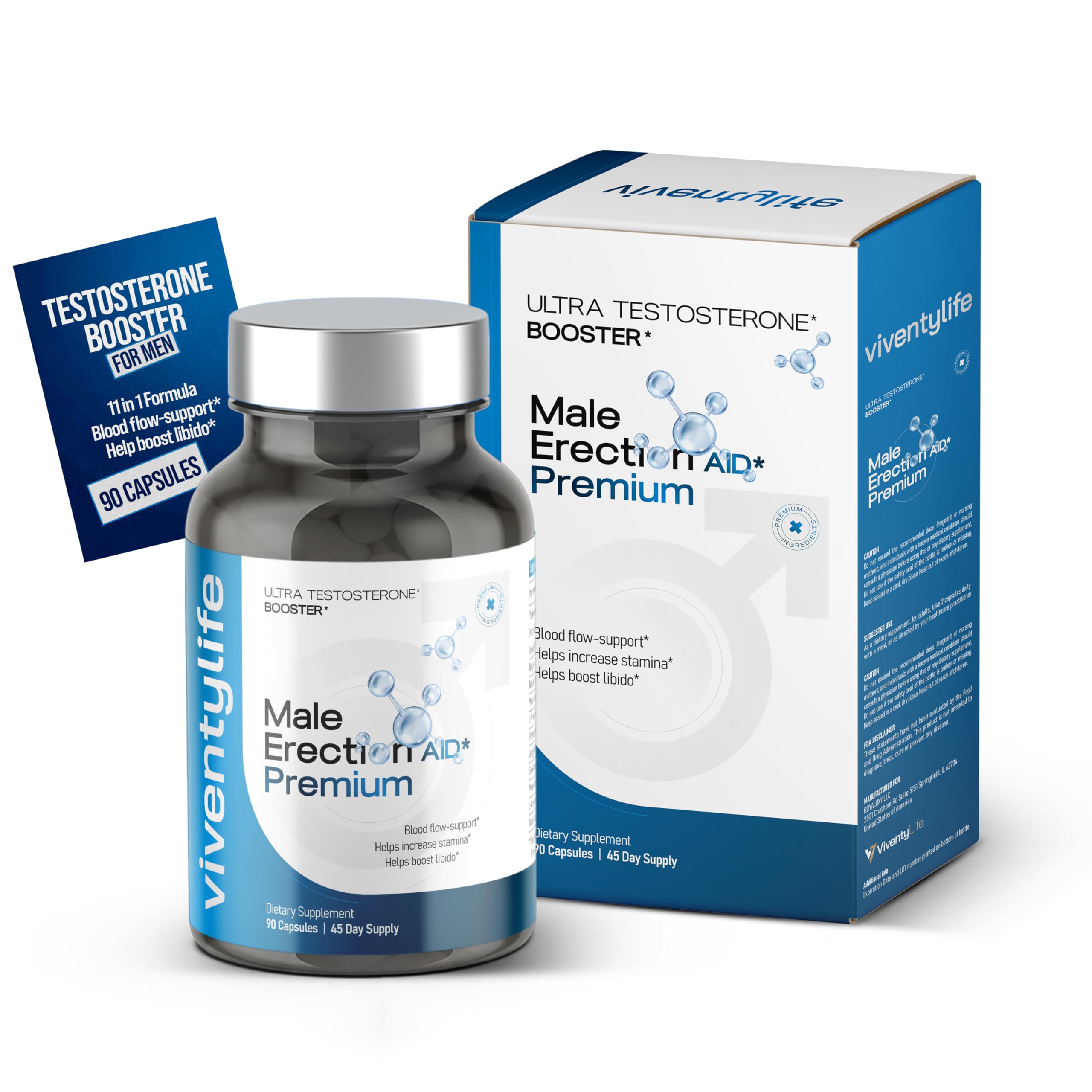 ViventyLife testosterone booster bottle on a clean surface for daily vitality.