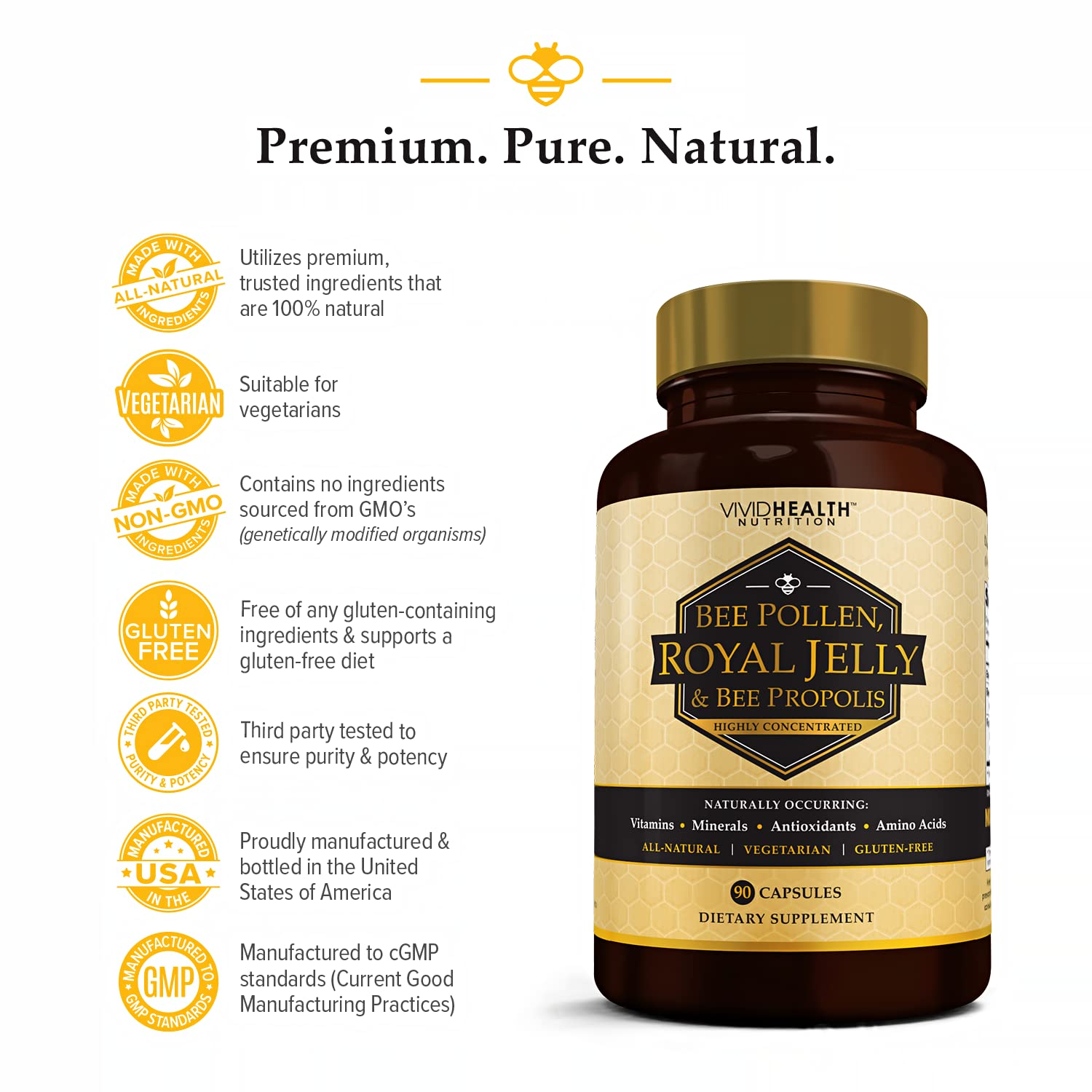 Vivid Health Nutrition immune boost royal jelly ingredients photo featuring bee pollen and propolis for skin balance.
