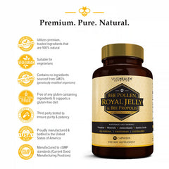 Vivid Health Nutrition immune boost royal jelly ingredients photo featuring bee pollen and propolis for skin balance.