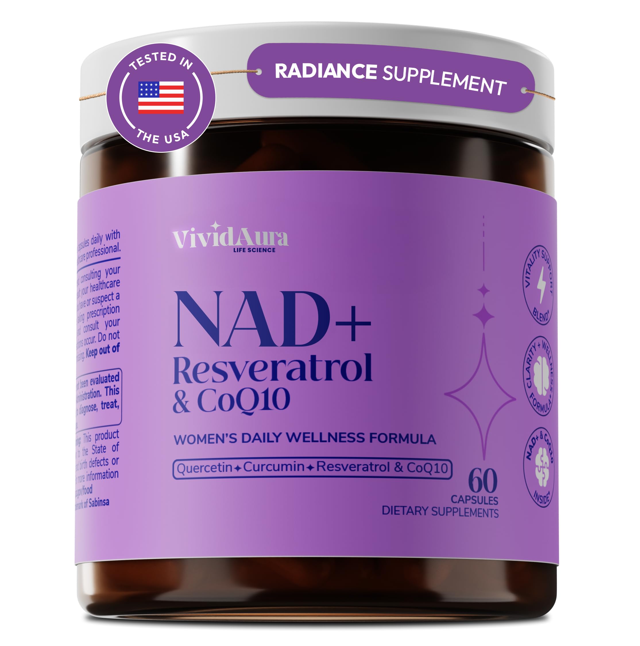 VIVIDAURA LIFE SCIENCE NAD supplement bottle front for women's daily vitality.