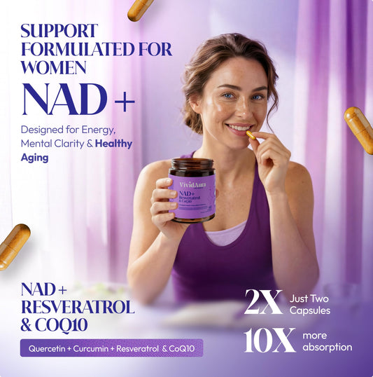 VIVIDAURA LIFE SCIENCE NAD supplement label closeup shows premium ingredient blend.