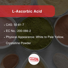Vivion Vitamin C Powder label shows CAS 50-81-7 for traceability.