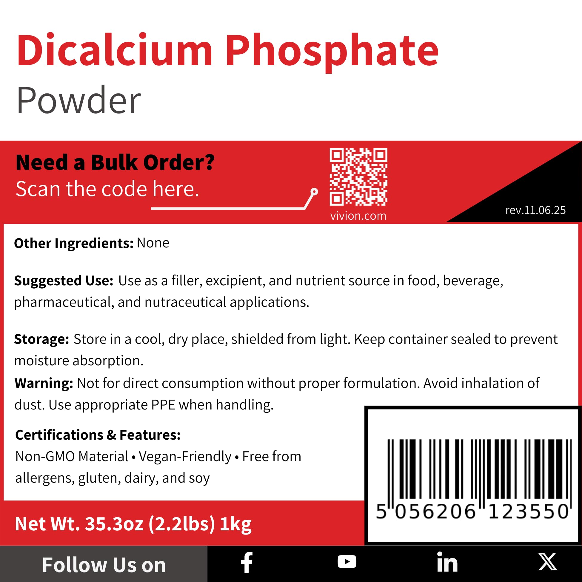 Vivion Dicalcium Phosphate Anhydrous packaging highlights 1 kg size for manufacturing needs.