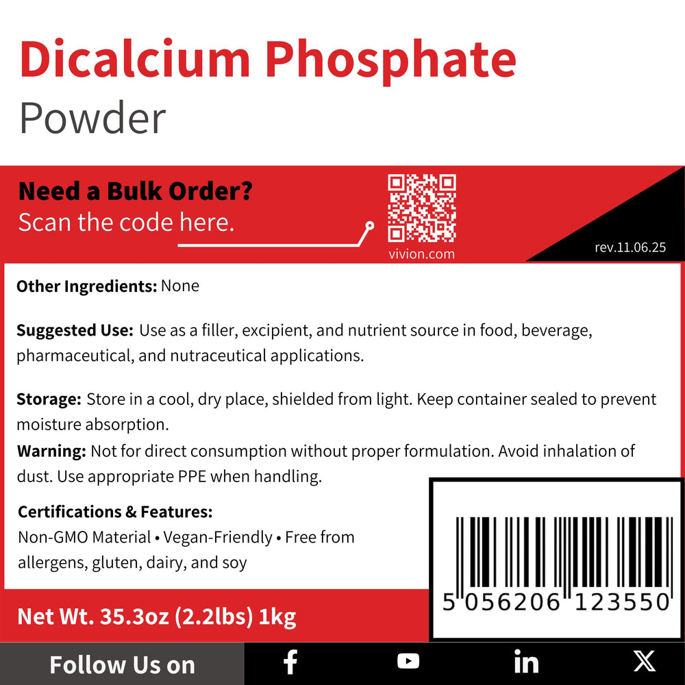 Vivion Dicalcium Phosphate Anhydrous packaging highlights 1 kg size for manufacturing needs.