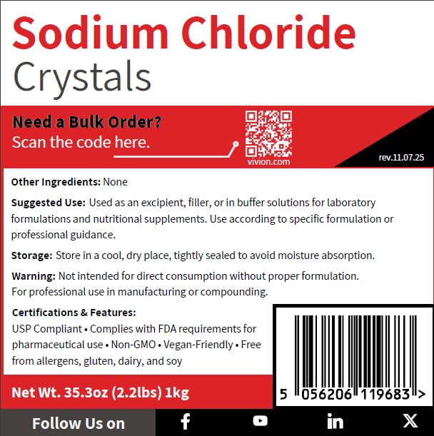 Vivion Sodium Chloride USP 5kg in lab setting suitable for electrolyte replenishment formulations.