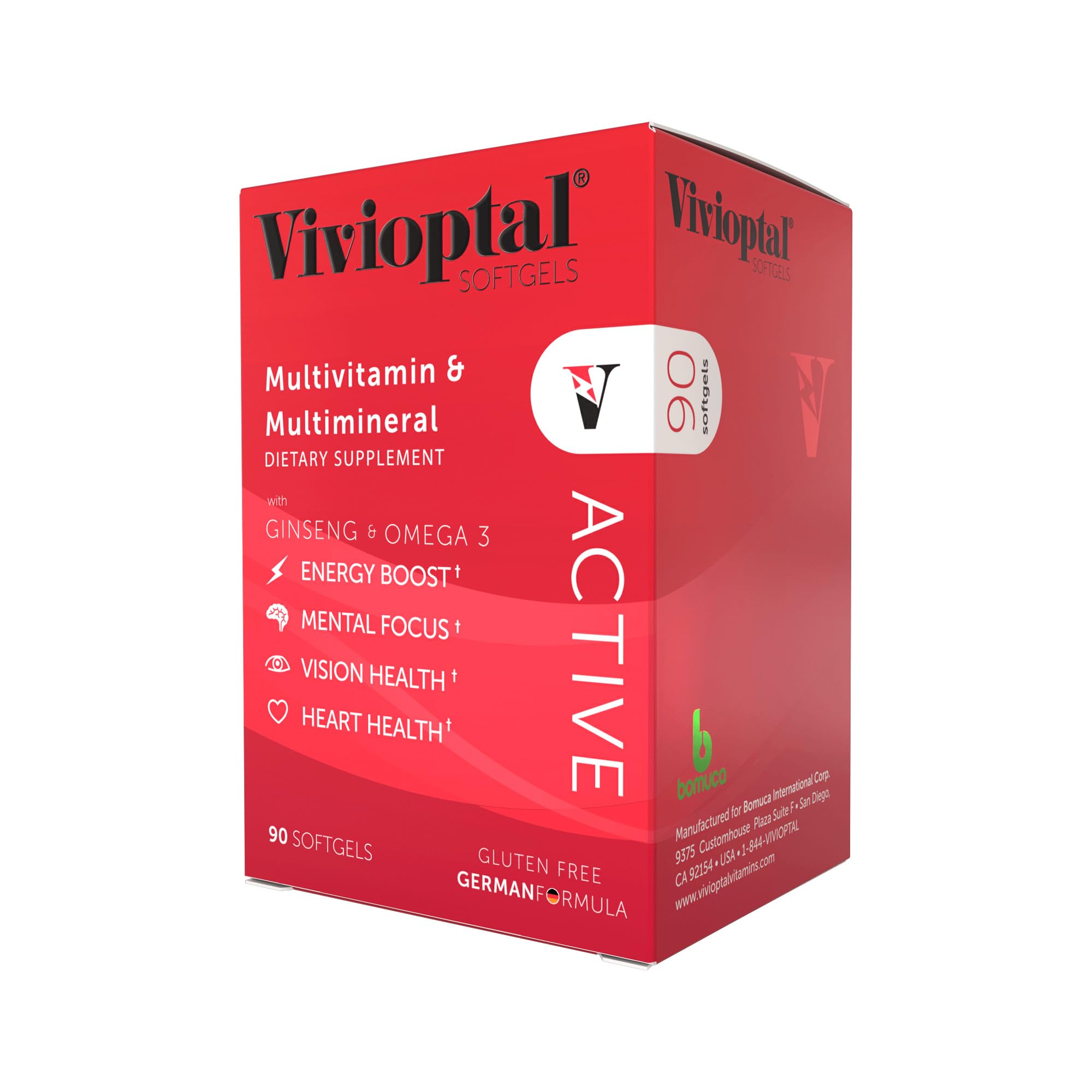 Vivioptal Active 90 softgels bottle with gluten-free German formula for daily energy