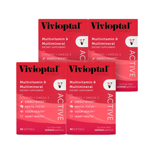 Vivioptal Active bottle front, ready-to-use daily multivitamin for energy and focus.