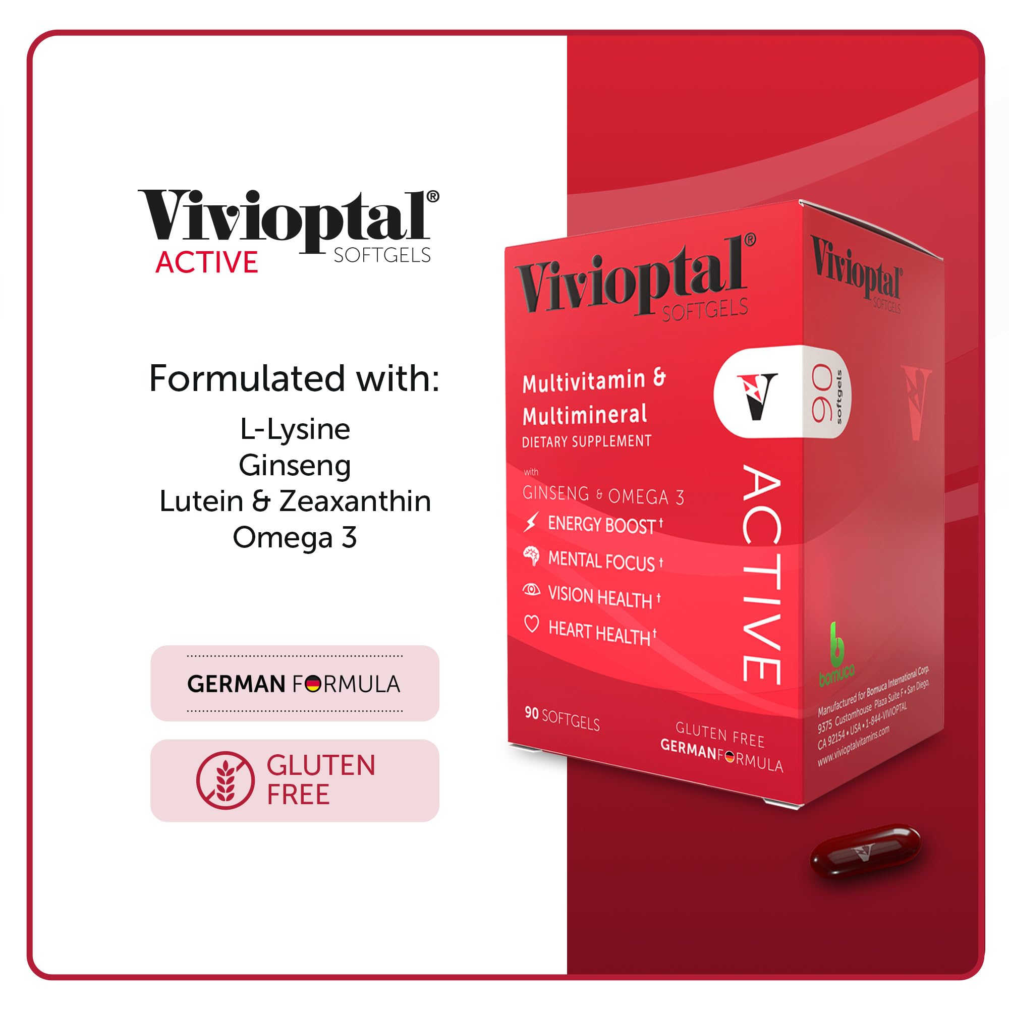 Vivioptal Active German formula label, gluten-free and allergen friendly.