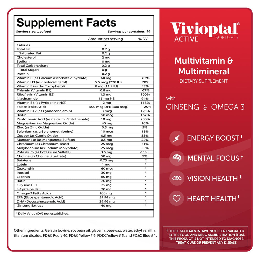 Vivioptal Active daily-use pack, one-a-day softgel for adults 18+.