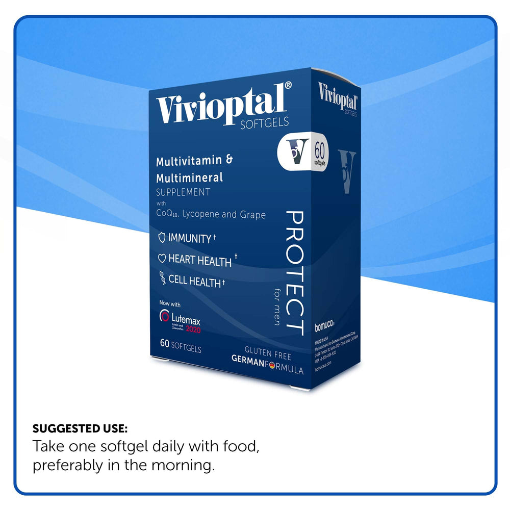 Vivioptal Men bottle label shows gluten-free German formula for daily wellness