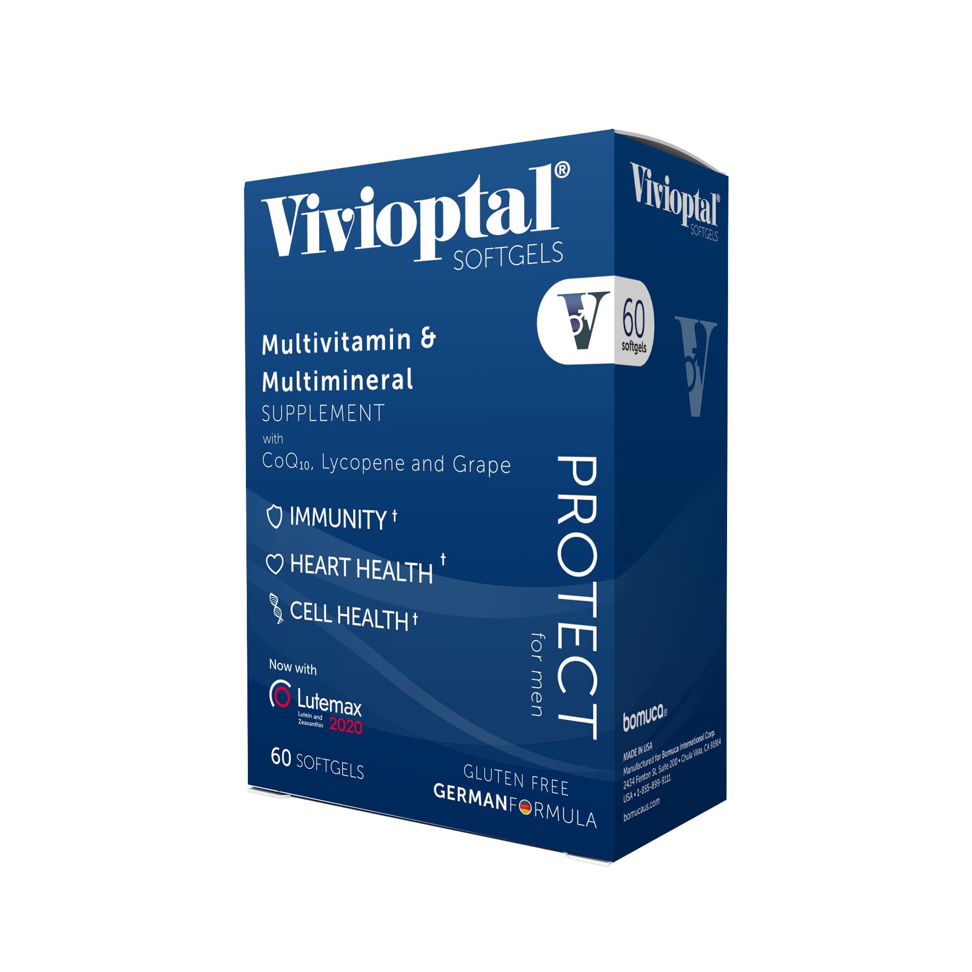 Vivioptal Men bottle overview highlights gluten-free multivitamin for daily energy