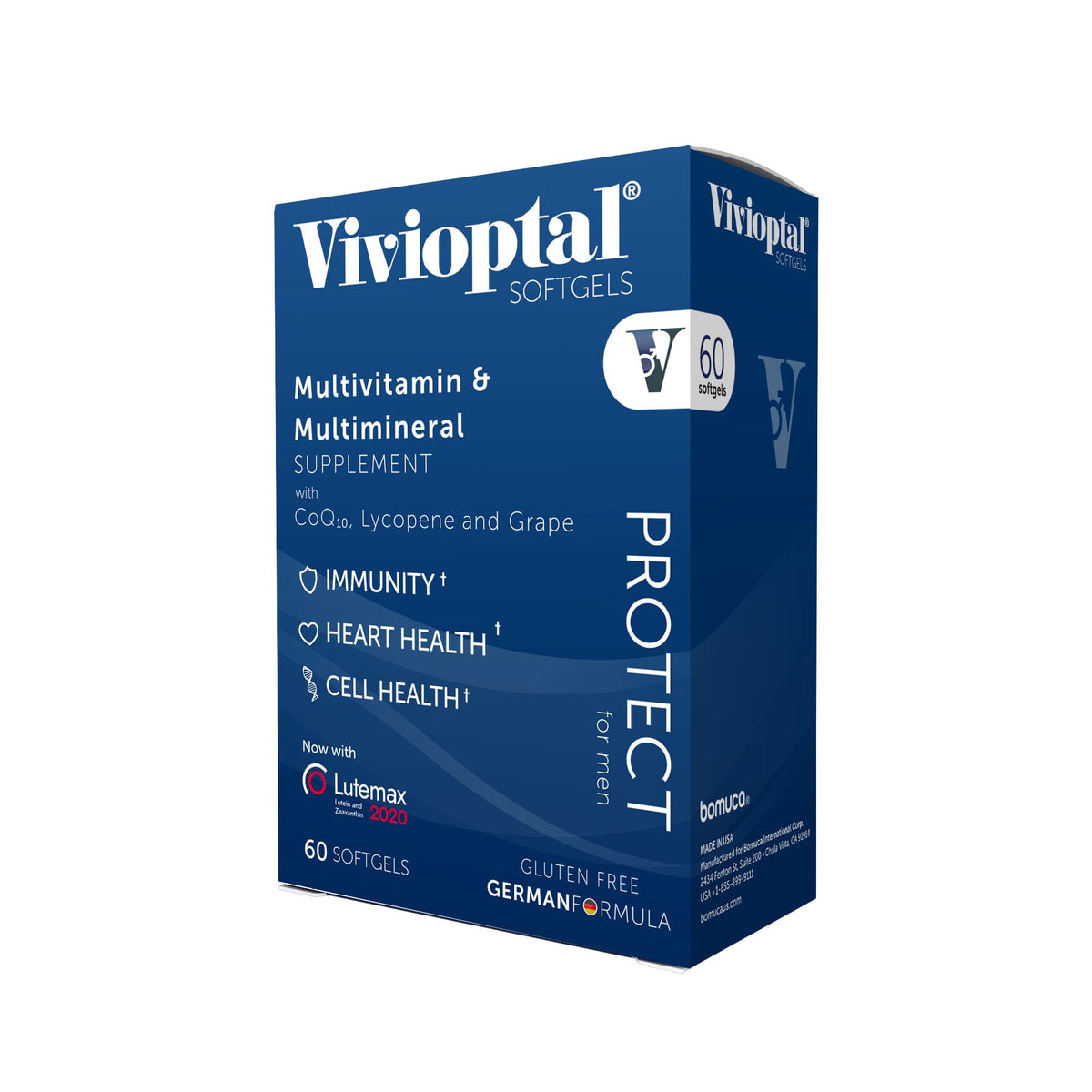 Vivioptal Men bottle overview highlights gluten-free multivitamin for daily energy