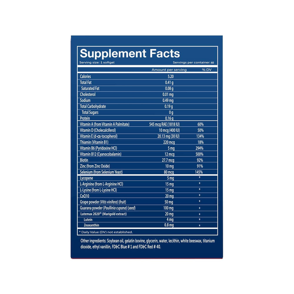 Vivioptal Men capsule close-up shows CoQ10 and lycopene for energy