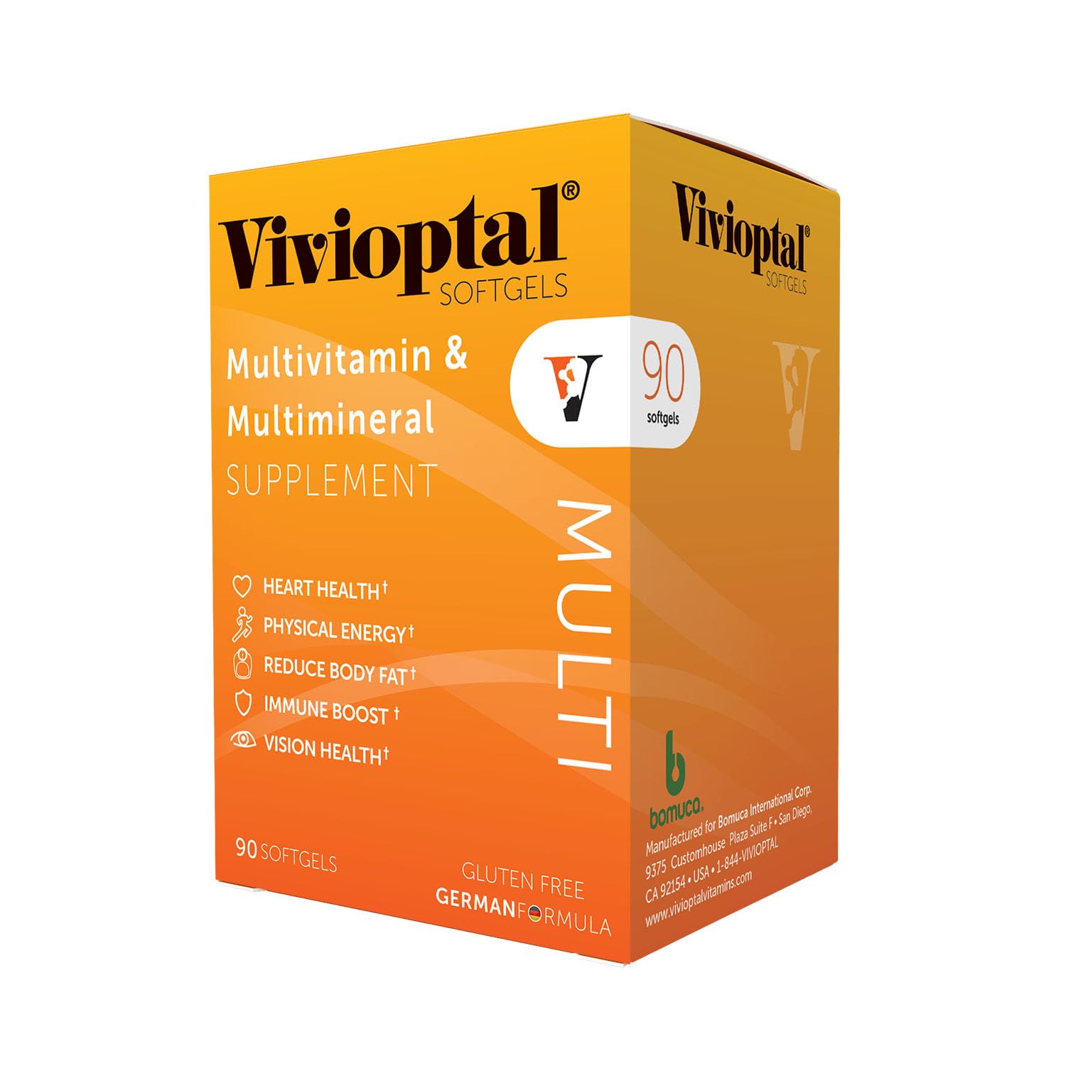 Vivioptal Multi 90 softgels label highlighting German formula and gluten free promise.