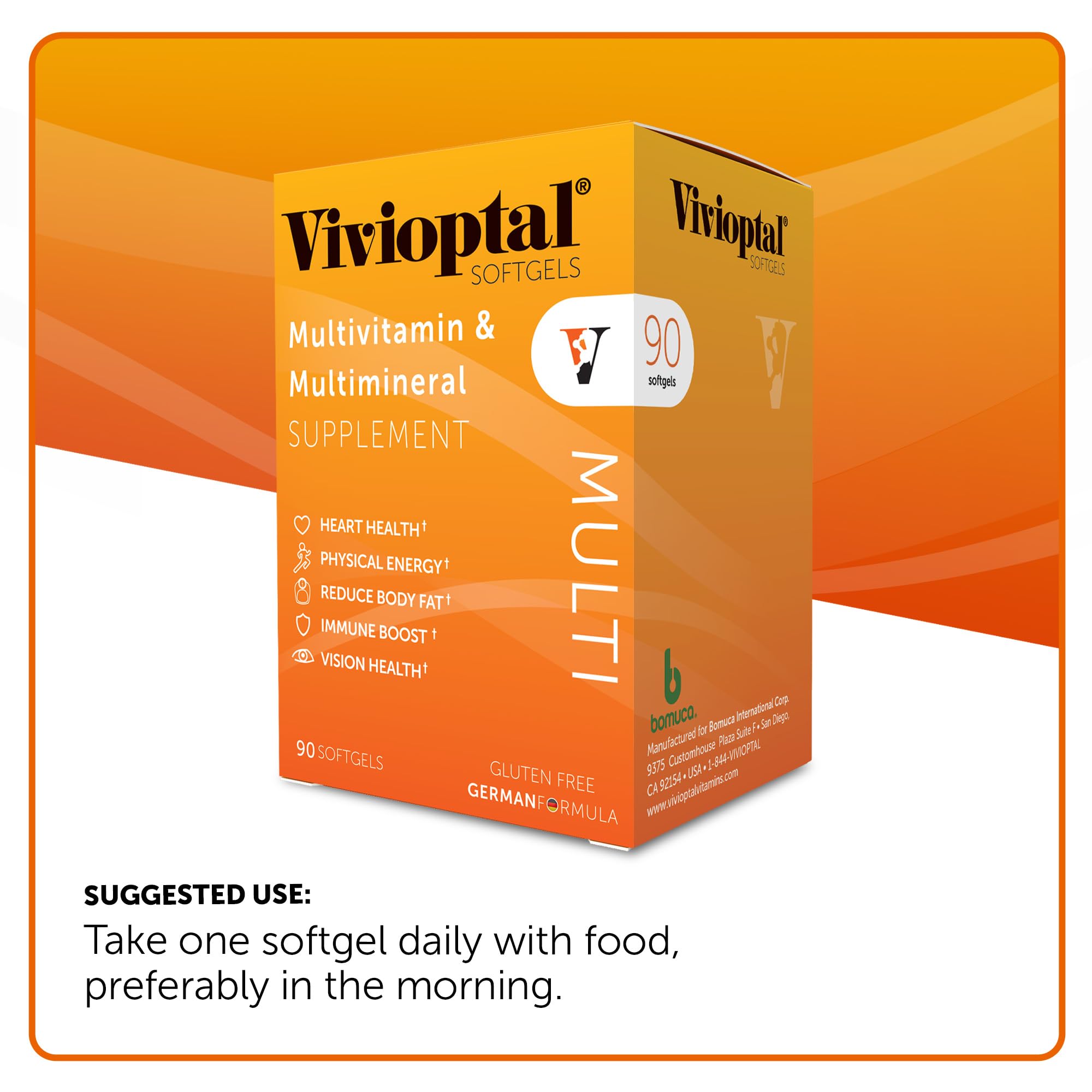 Vivioptal Multi bottle label emphasizes gluten-free formulation and quality.