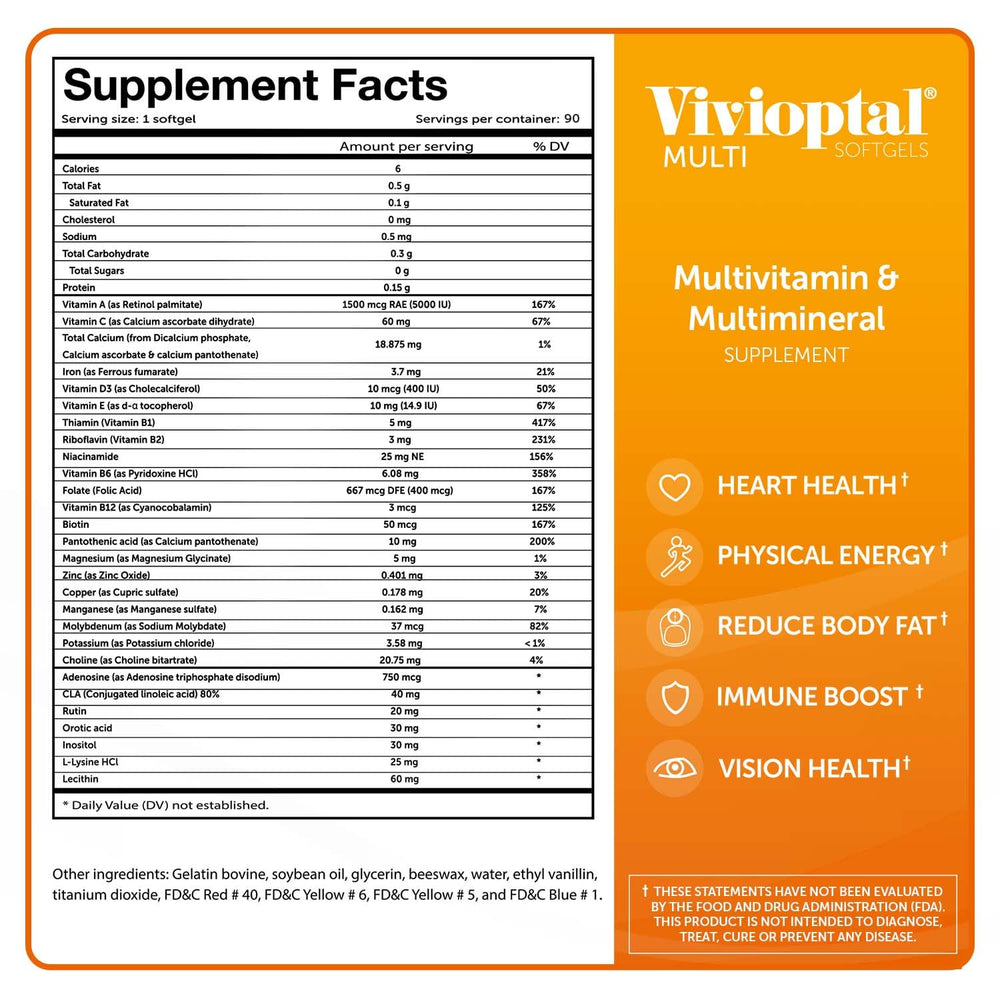 Vivioptal Multi packaging display shows full 90 softgel supply for a year.
