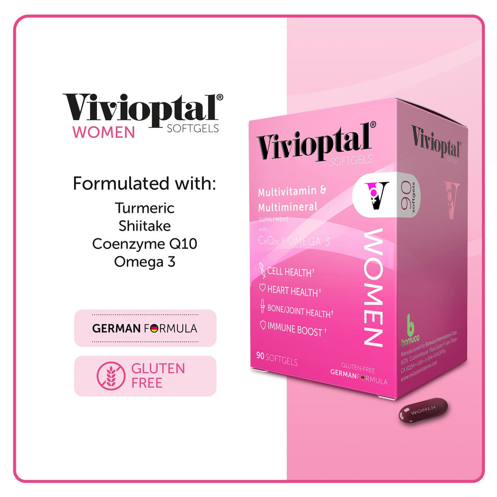 Vivioptal Women bottle side view with 90-capsule packaging
