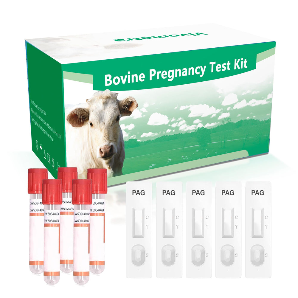 Vivometra bovine pregnancy test kit with five-test pack for on-farm use.