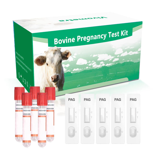 Vivometra bovine pregnancy test kit with five-test pack for on-farm use.