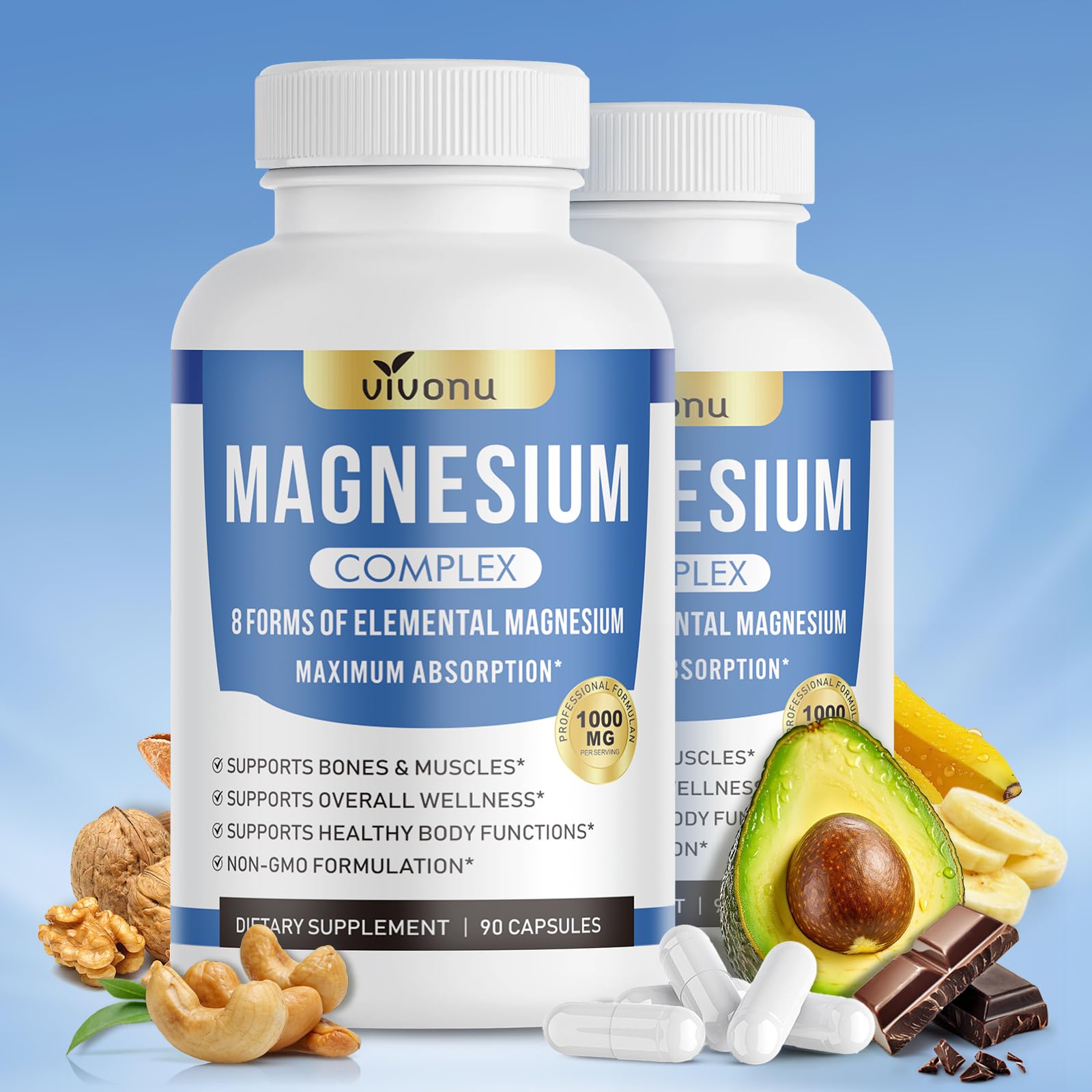 VivoNu 1000mg Magnesium Complex capsules with eight forms for daily wellness.