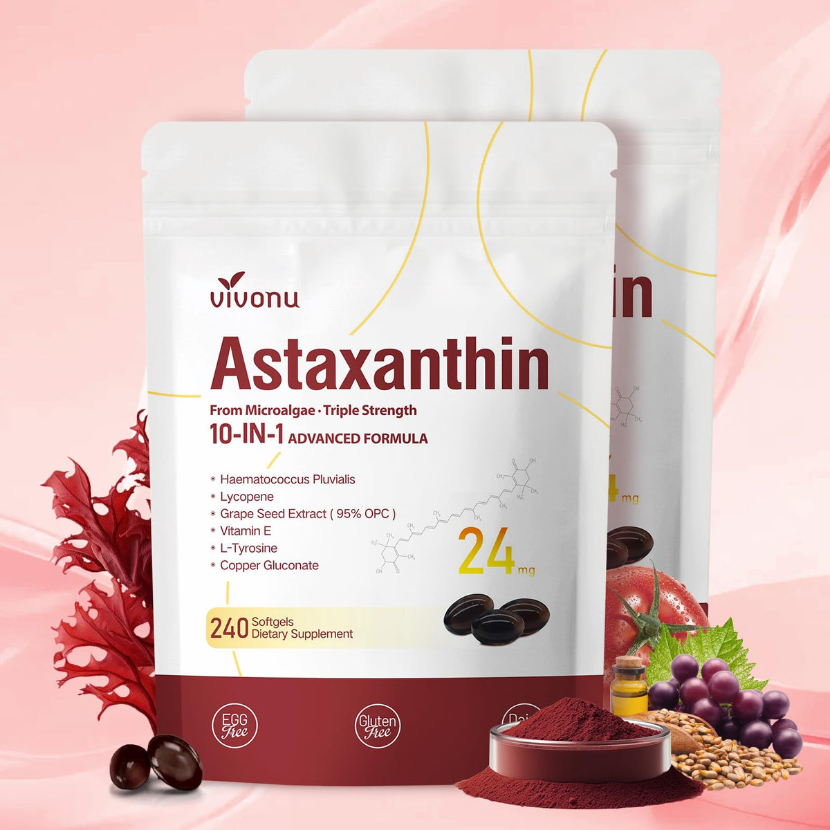 VivoNu 10in1 astaxanthin bottle with capsules supports eye and skin health.