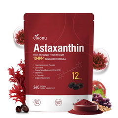 VivoNu 10-in-1 astaxanthin bottle for daily antioxidant support.