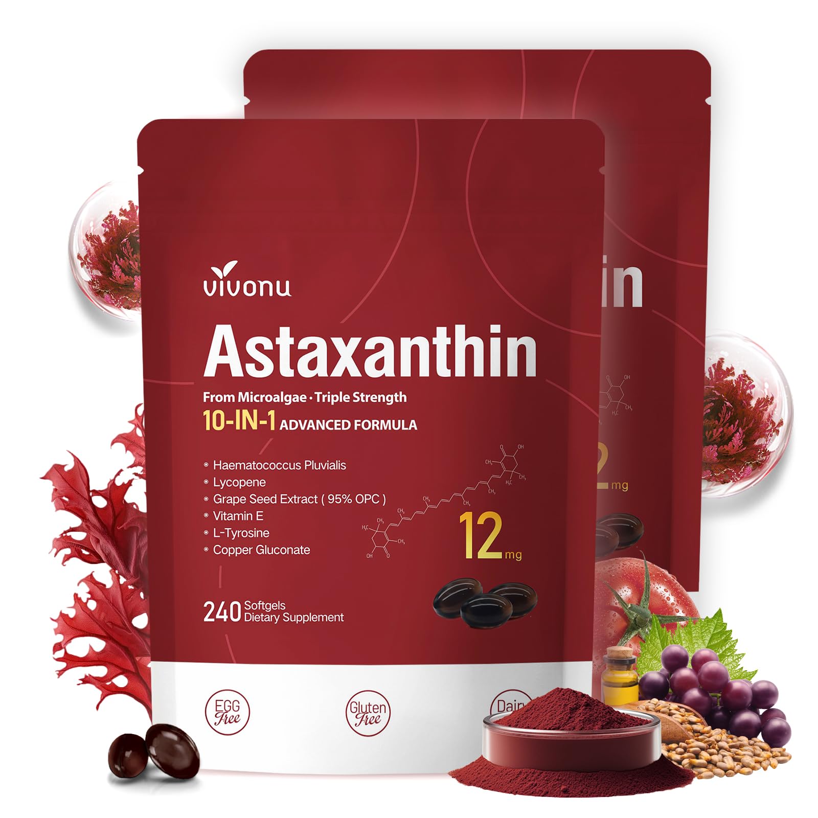 VivoNu astaxanthin 12mg bottle for daily eye, joint, and skin support