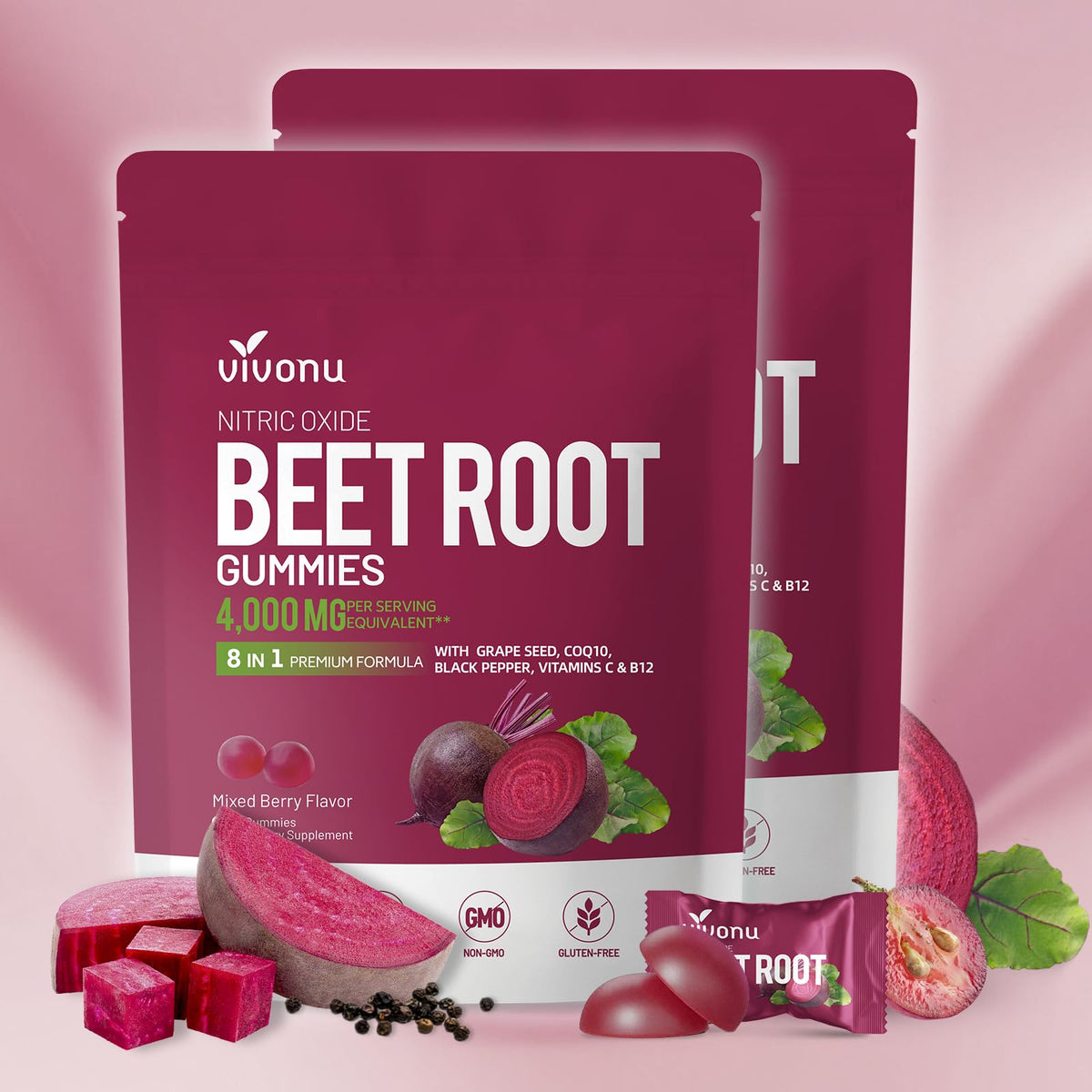 VivoNu Beet Root Gummies bottle front with 8-in-1 energy formula