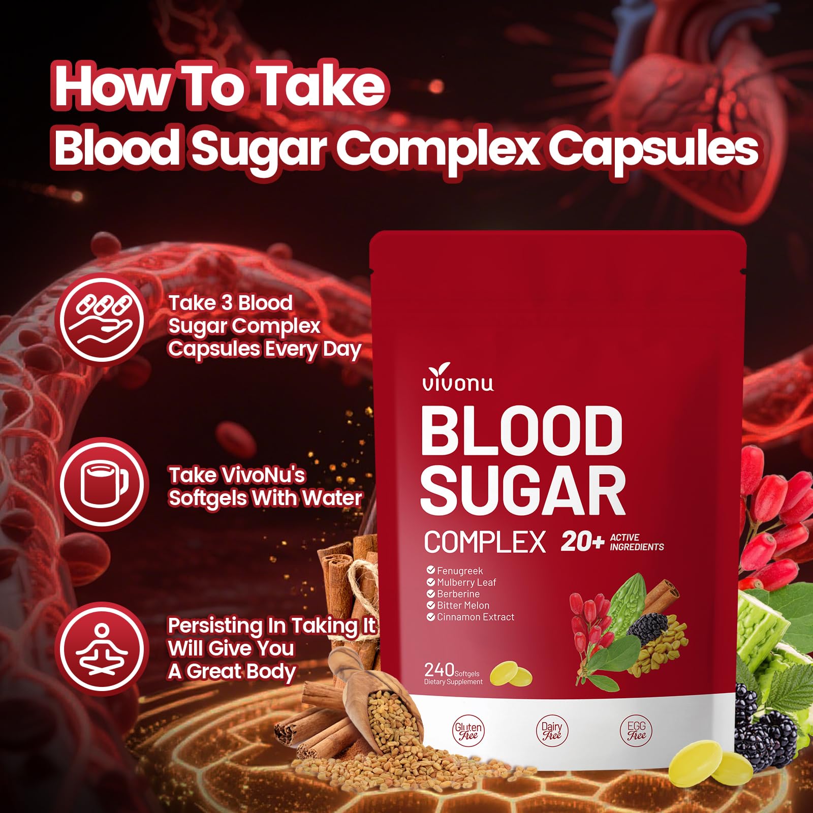 VivoNu Blood Sugar Complex capsules in hand, illustrating vegan, non-GMO formula.