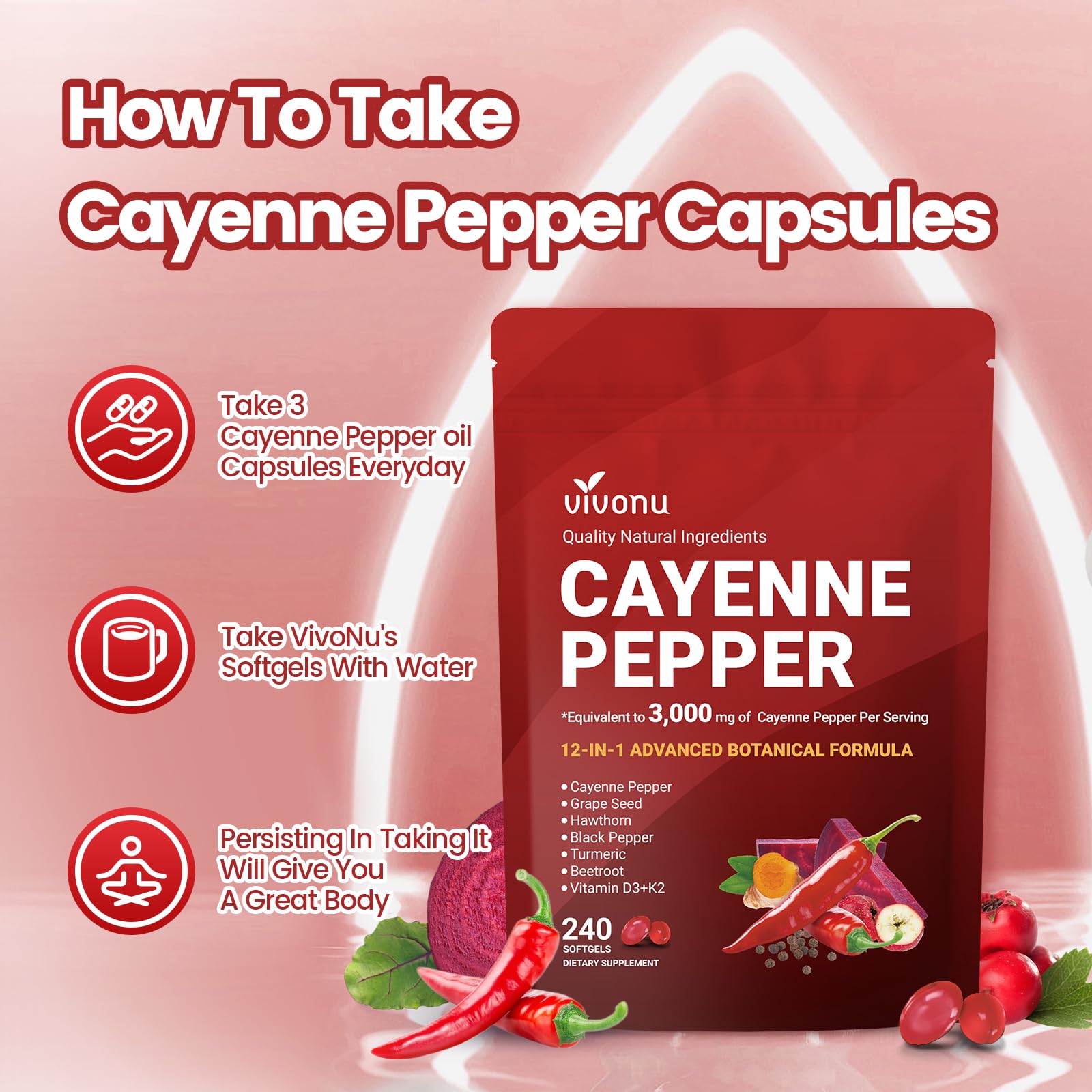 VivoNu Cayenne pepper softgels bottle with spoon suggests daily routine.
